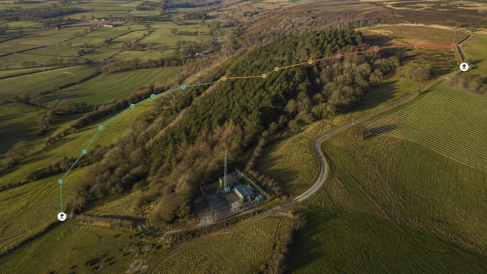 Oblique aerial view of a professional drone survey route crossing wooded terrain, with clear, warning and blocked route sections