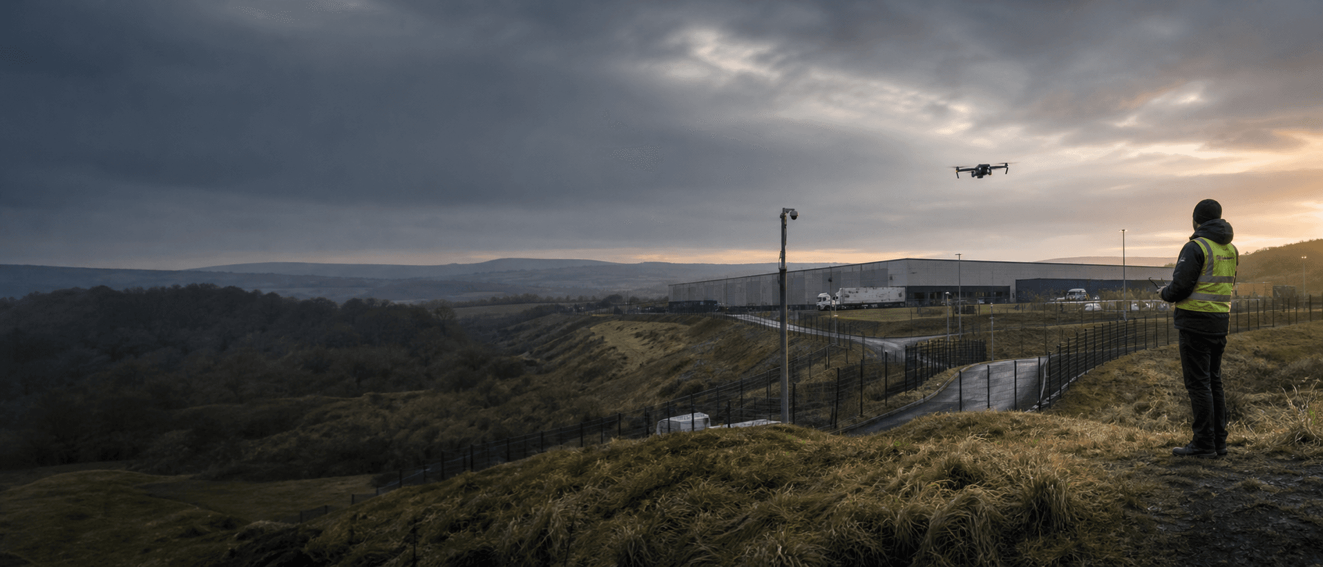 A survey pilot flying a mapping drone beside a UK commercial site on hilly terrain